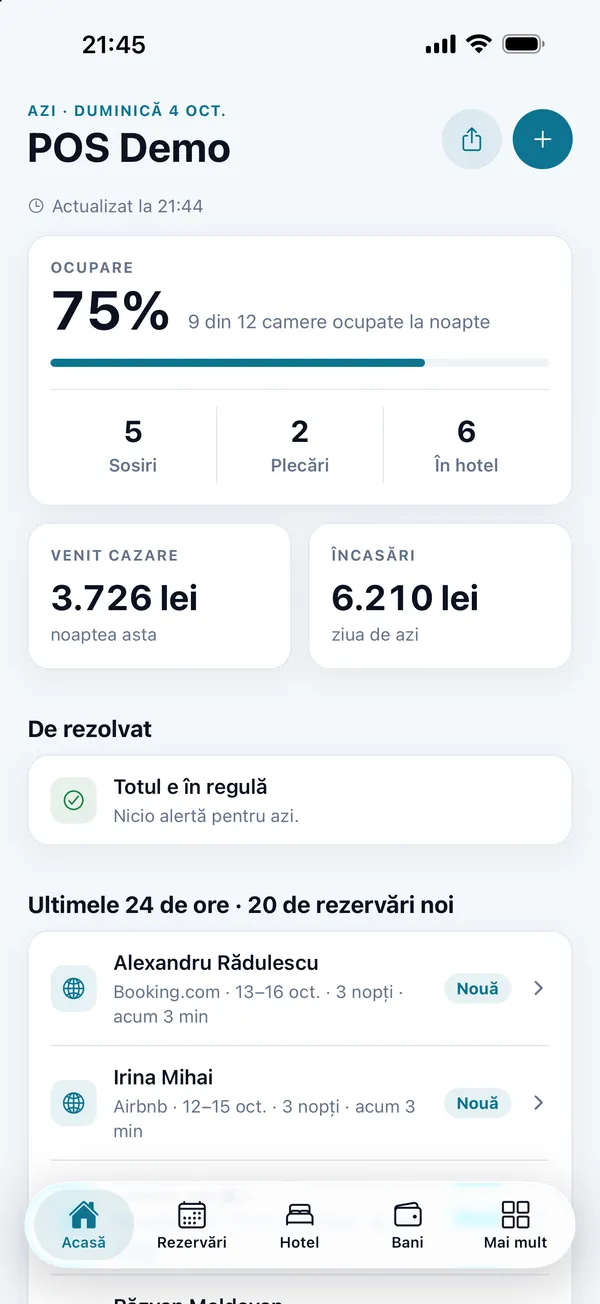 Aplicația de patron: ecranul cu ziua hotelului
